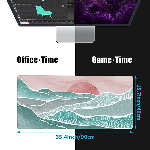 Ocean Wave and Mountain Large Gaming Mouse Pad,Waterproof Desk Mat for Desktop,Non-Slip Rubber Base Mousepad with Stitched Edges for Laptop Office and Home 35.4X15.7 Inch - color: Ocean Wave and Mountain