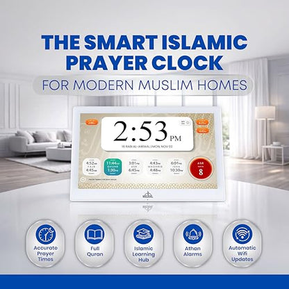 Masjidal 14" Smart WiFi Digital Azan Clock & Islamic Prayer Frame – Automatic Worldwide Prayer & Iqamah Times, Full Quran Player, Athan Alarm, Ramadan Clock, Touchscreen Muslim Home Display, White - color: White, size: 14 Inches