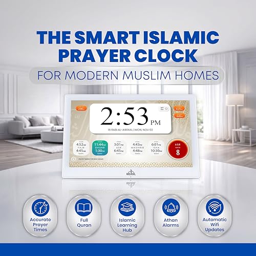 Masjidal 10" Smart WiFi Digital Azan Clock & Islamic Prayer Frame – Automatic Worldwide Prayer & Iqamah Times, Full Quran Player, Athan Alarm, Ramadan Clock, Touchscreen Muslim Home Display, White - color: White, size: 10 Inches