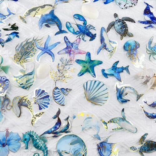 50PCS Marine Animal Stickers Aesthetic Transparent PET Sticker Gold foil printing Decal Waterproof Decorative Decals for Scrapbook DIY Crafts Album Bullet Journal Planner Water Bottles Phone (Ocean-A) - color: Ocean-a