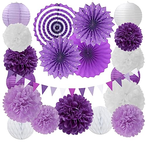 Lavender-Purple White Graduation Party Decorations - 20pcs Paper Lanterns Fans,Tissue Pom Poms,Honeycomb Balls,Birthday Wedding Bridal Baby Shower Engagement Bachelorette Decor Burgleda - color: Lavender-Purple White