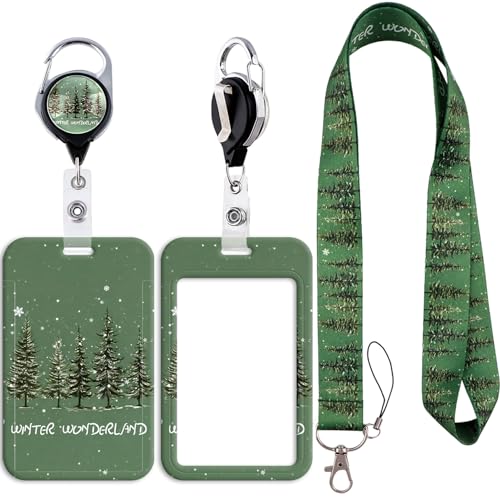 Sage Green Lanyard Badge Holder Retractable Clip, Vertical ID Card Protector & Badge Reel with Belt Clip for Women Nurse Teacher Student - color: Winter Wonderland