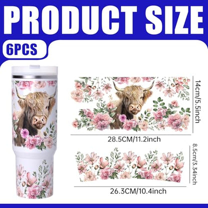 6 PCS Cow Flower UV DTF Stickers, UV DTF Cup Wrap for 40oz | Vibrant washable UV DTF cup wrap transfers with strong adhesion for glass cups, mugs and smooth hard surfaces - style: Cow Flower