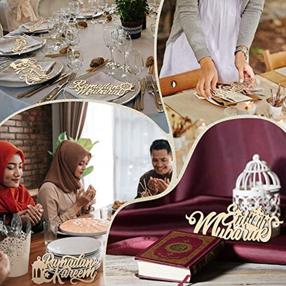 24 Pieces Eid Mubarak Plate Setting Hanging Wooden Word Eid Wood Sign Kareem Moon Star Ramadan Decorations Islamic Table Decor for Al Adha Muslim Home Pendant Wall Party Ornaments