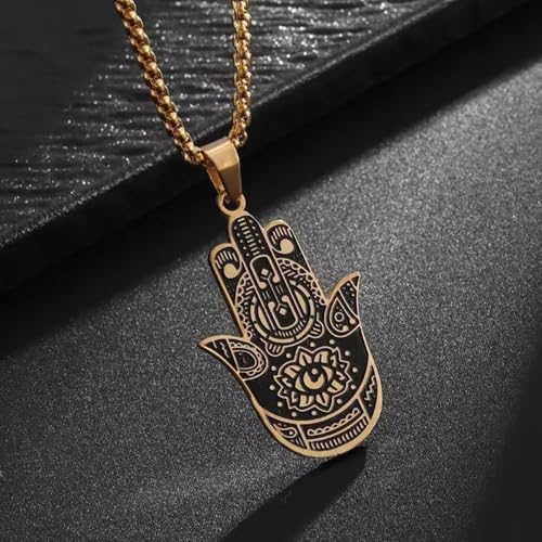 Classic Stainless Steel Devil's Eye Hand of Fatima Pendant Necklace for Men and Women Fashion Exorcism Amulet Jewelry Gift - color: golden