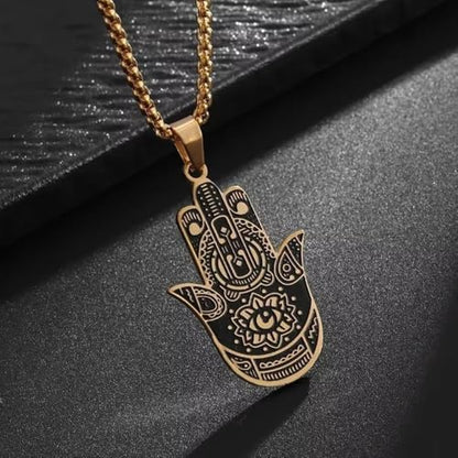 Classic Stainless Steel Devil's Eye Hand of Fatima Pendant Necklace for Men and Women Fashion Exorcism Amulet Jewelry Gift - color: golden