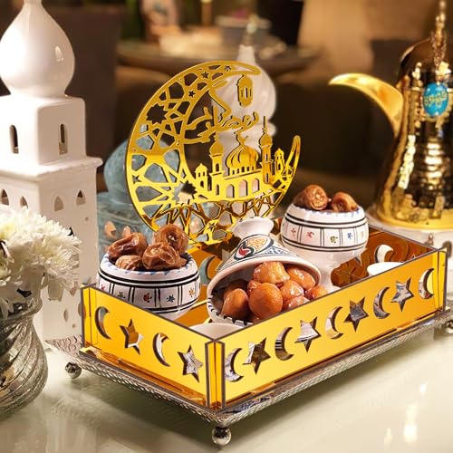 Acrylic Ramadan Decorations for Home Islamic Eid Mubarak Kareem Ramadan Serving Trays Table Sign Moon Hollow Star Sign for Muslim Party Tabletop Decor Art Craft Decoration Centerpiece Tray