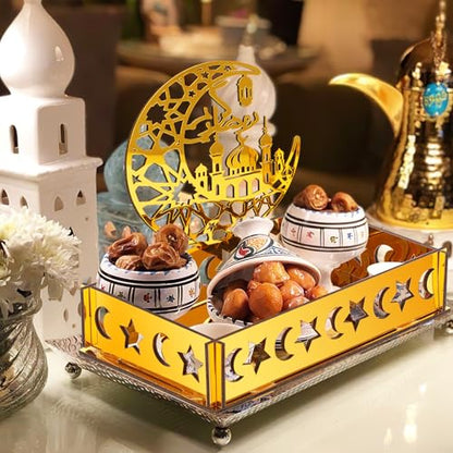 Acrylic Ramadan Decorations for Home Islamic Eid Mubarak Kareem Ramadan Serving Trays Table Sign Moon Hollow Star Sign for Muslim Party Tabletop Decor Art Craft Decoration Centerpiece Tray