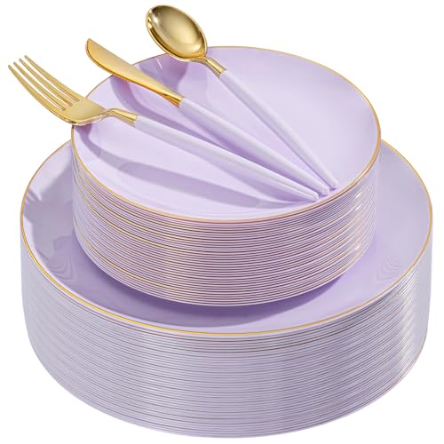 DaYammi 150Pcs Purple Plastic Plates with Gold Rim,Disposable Plastic Plates Include 30 Dinner Plate,30 Salad Plate,30 Forks,30 Spoons,30 Knive,Purple Disposable Platos for Party Wedding Bridal Shower - color: Purple Gold