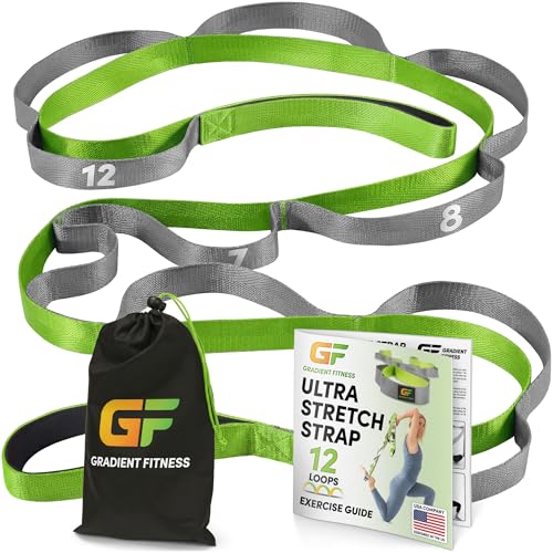 Gradient Fitness Stretching Strap for Physical Therapy, 12 Multi-Loop Stretch Strap 1" W x 8' L, Neoprene Handles, Physical Therapy Equipment, Yoga Straps for Stretching, Leg Stretcher. - color: Green/Grey