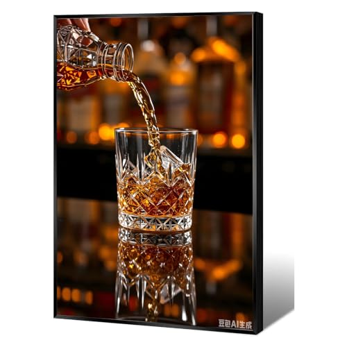 Pouring Whiskey Crystal Glass Bar Scene Canvas Wall Art Dark Moody Amber Liquor Still Life Print Retro Bar Decor Artwork for Pub Man Cave - color: Nature2, size: 8x12in Black Framed