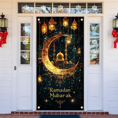 Ramadan Mubarak door cover banner 71x35 inch crescent moon mosque design Islamic Eid decor gold lantern night theme indoor outdoor hanging home decoration - color: Style 5