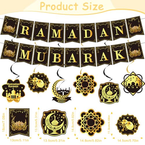Ramadan Decorations for Home, 27PCS Black and Gold Ramadan Mubarak Banner, Hanging Swirls, Moon and Star Balloon for Muslim Islamic Eid Mubarak Festival Al-Fitr Iftar Party Favors Supplies