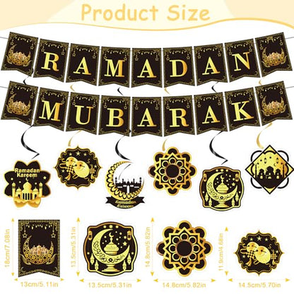 Ramadan Decorations for Home, 27PCS Black and Gold Ramadan Mubarak Banner, Hanging Swirls, Moon and Star Balloon for Muslim Islamic Eid Mubarak Festival Al-Fitr Iftar Party Favors Supplies