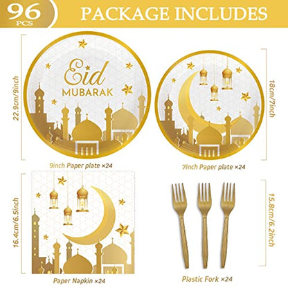 96 Pcs Eid Mubarak Decorations for Home 24 Servings with Festival Paper Plates,Dessert Plates,Napkins and Forks Sets for Eid al-Fitr Decor al-Adha Festival Ramadan Mubarak Muslim Islamic Supplies