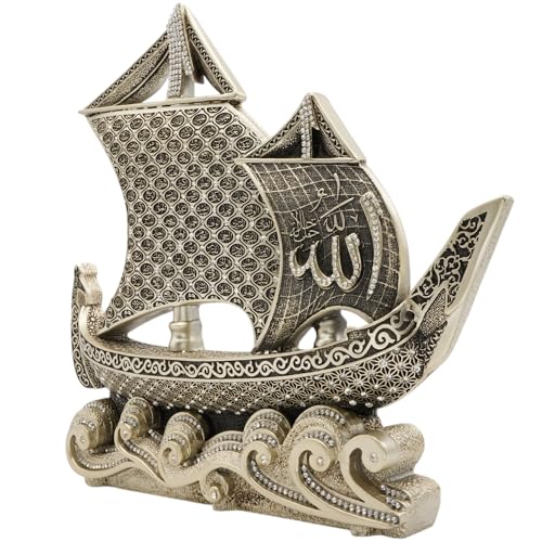 Modefa Islamic Table Decor – 99 Names of Allah Boat Showpiece | Muslim Home Decor, Islamic Calligraphy Art, Ramadan Eid Gift, Hajj Gifts (Silver) - color: Silver
