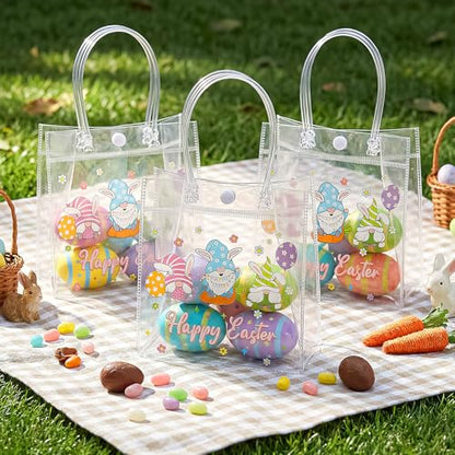 Aliceset 24pcs Happy Easter Gift Bags Bulk - Easter Clear PVC Bunny Gift Bags with Handle Reusable Candy Party Favor Totes for Snack Candy Treat Party Favor (Gnome, 6.31"x 5.91"x 3.15") - style: Easter Gnome
