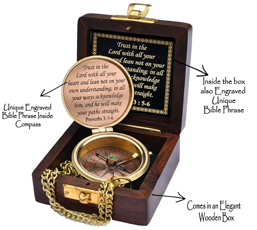 Trust in The Lord With All Your Heart - Proverbs 3:5-6 Quote Engraved Compass With Wooden Box, Greeting Card, Gift Compass, Graduation Day Gifts 2024 for Women Men Boys Girls - style: #2 Trust in The Lord Compass -Proverbs 3: 5-6