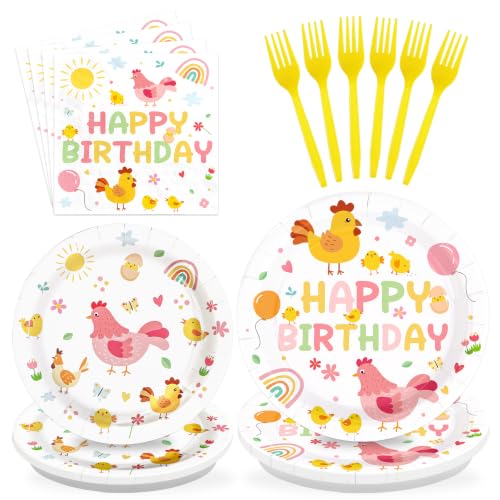 Grencian 96Pcs Little Chick Chicken Birthday Party Decorations, Serves 24 - style: Autumn Hen Colorful Birthday