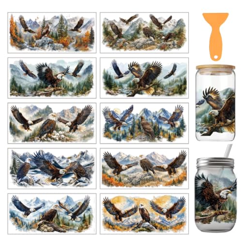 arricraft 10 Sheets Animal Theme UV DTF Cup Wrap for 16OZ Glass, Eagle Landscape Painting Rub on Decals PVC Transfer Stickers for DIY Cups Window Home Printing Decoration 24x11cm/9.4x4.3inch - style: Eagle Landscape Painting Theme
