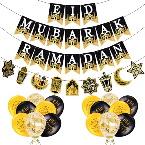 AhfuLife Eid Mubarak Banner Set Decorations, 4 Pcs Preassembled Eid Mubarak Banners with 16 Pcs Balloons, Reusable Black and Golden Ramadan Decoration, Star Moon Garland Decor for Muslim Party