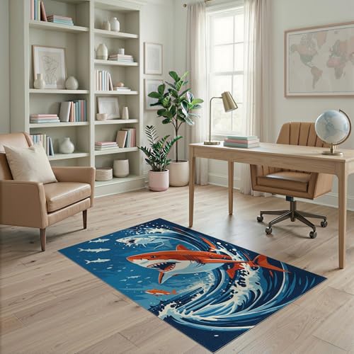 4'x6' Washable Graphic Wave Accent Rug, Navy Blue Non-Shedding Small Carpet Pet Friendly & Non-Slip for Playroom, Bedroom, Reading Nook | Ref:2070038 - color: Blue/Pattern 15, size: 4' x 6' (Rectangular)