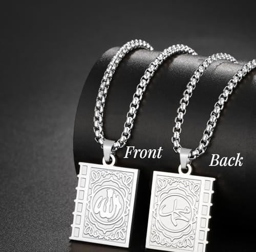 Islamic Necklace Double Sided Quran Book Muhammad Prophet Allah Pendant Arabic Calligraphy Ayatul Kursi Muslim Religious Jewelry Islam Eid Ramadan Gift for Men Women - color: silver