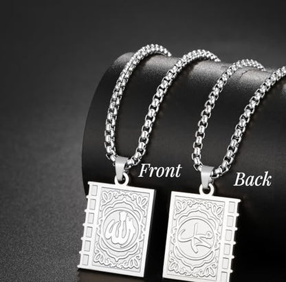Islamic Necklace Double Sided Quran Book Muhammad Prophet Allah Pendant Arabic Calligraphy Ayatul Kursi Muslim Religious Jewelry Islam Eid Ramadan Gift for Men Women - color: silver