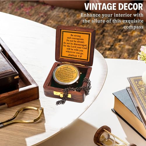 Be Strong and Courageous (Joshua 1:9) Brass Compass with wooden Box-Engraved Scripture Prayer Compass Religious Gift for Men & Women - Baptism, Confirmation, Communion Compass for Boys Graduation Gift - style: #2 Be Strong and Courageous Compass (Joshua 1