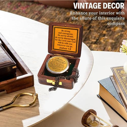 Be Strong and Courageous (Joshua 1:9) Brass Compass with wooden Box-Engraved Scripture Prayer Compass Religious Gift for Men & Women - Baptism, Confirmation, Communion Compass for Boys Graduation Gift - style: #2 Be Strong and Courageous Compass (Joshua 1