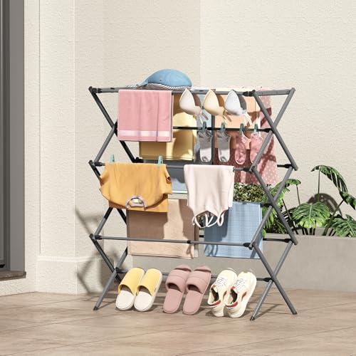 KINGBOARD Clothes Drying Rack, Collapsible Drying Rack Clothing with 11 Poles, 3-Tier Laundry Drying Rack, Small Clothes Drying Rack Foldable for Baby Clothes Sock Towel, 25lb Capacity, Grey - color: Gray