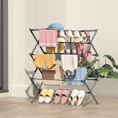 KINGBOARD Clothes Drying Rack, Collapsible Drying Rack Clothing with 11 Poles, 3-Tier Laundry Drying Rack, Small Clothes Drying Rack Foldable for Baby Clothes Sock Towel, 25lb Capacity, Grey - color: Gray