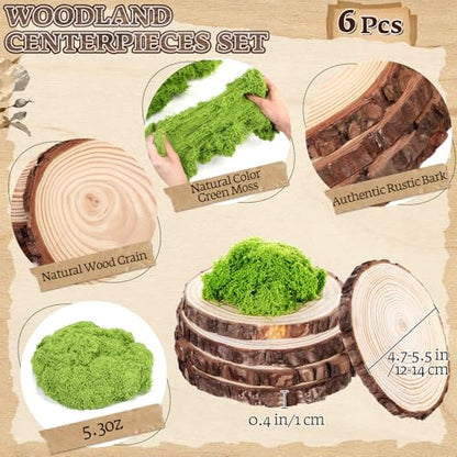 Nuanchu 7 Pack Wood Table Centerpieces with Rustic Wood Slices and Artificial Fake Green Moss for Wooden Fairy Wedding Woodland Table Decor Ideal DIY Crafts (4. 7-5. 5'') - size: 4.7-5.5''
