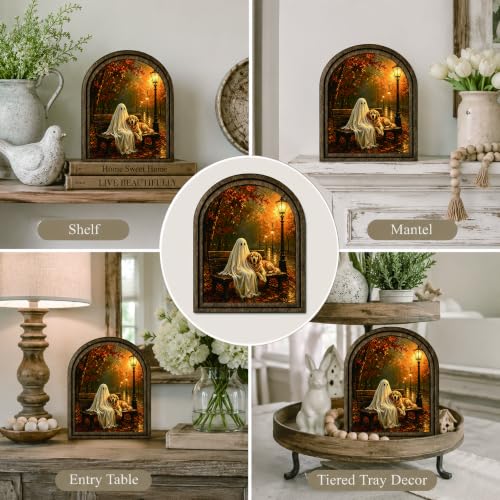 Halloween Ghost Dog Arched Table Sign, Rustic Farmhouse Decor - color: Ghost Dog Autumn Bench