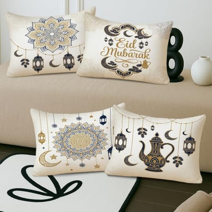 Lantern Throw Pillow Covers Set of 4, Islamic Festive Crescent Star Eid Gold Soft Velvet Washable Pattern Pillow Covers for Home Bedroom Living Room Sofa Couch Decor 20x12 Inch - size: 20" x 12" (Pack of 4)
