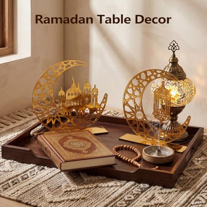 2 Pieces Ramadan Decorations for Home Islamic Eid Mubarak Kareem Table Sign Crescent Moon Hollow Star Ornament for Muslim Party Ramadan Table Decor Art Craft Decoration Golden Moon
