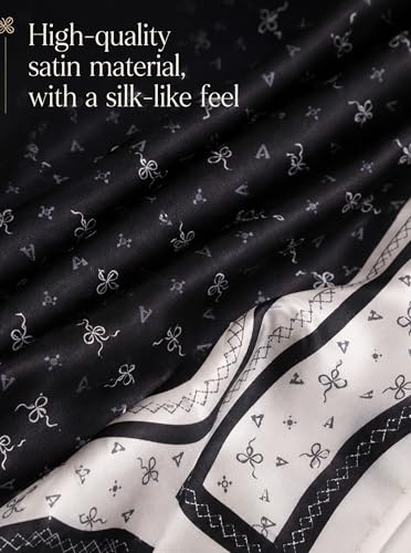 Satin Hijab Scarf for Women, Silk-Feeling Muslim Headscarf, Digital Bow Letter Print Head Wrap Shawl for Summer - color: Mlp004-black