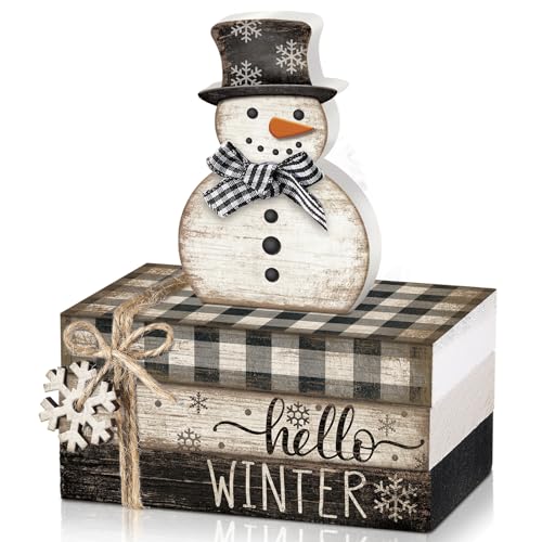 4 Pcs Winter Snowman Decor Hello Winter Table Decorations Christmas Tiered Tray Decor Centerpiece Indoor Rustic Wooden Snowman Block Sign Gift Farmhouse for Home Kitchen Shelf - style: Snowman