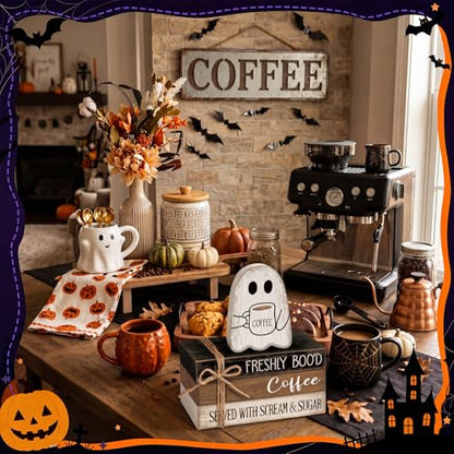 4 Pcs Halloween Table Decorations Halloween Ghost Tiered Tray Decorations Rustic Mini Ghost Coffee Wooden Books Bolck Signs Centerpiece for Farmhouse Office Shelf Tabletop Office Bookshelf - style: Halloween