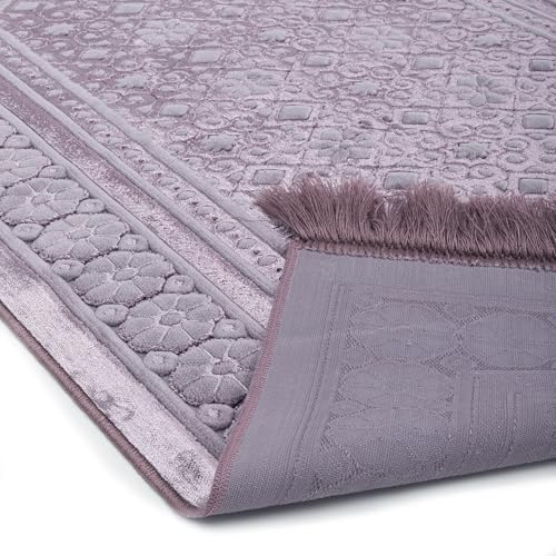 Modefa Velvet Prayer Rug - Soft Plush Turkish Janamaz Sajada Carpet for Men and Women - Plain Solid Prayer Mat Ramadan Eid Gift - with Prayer Beads - Luxury Floral Stamp (Lilac) - color: Lilac