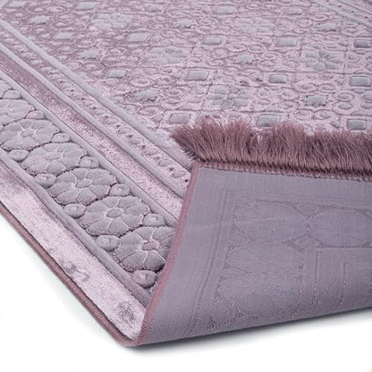 Modefa Velvet Prayer Rug - Soft Plush Turkish Janamaz Sajada Carpet for Men and Women - Plain Solid Prayer Mat Ramadan Eid Gift - with Prayer Beads - Luxury Floral Stamp (Lilac) - color: Lilac