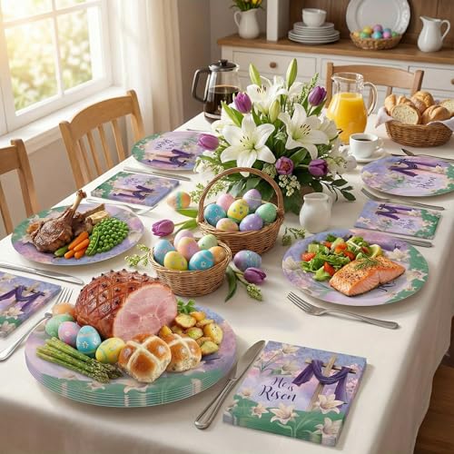 Dereinwo 50 Pcs Easter Large 12" x 10" Oval Paper Plates and Napkins Disposable Heavy Duty Paper Plates and Napkins for Easter Party Supplies - style: Easter