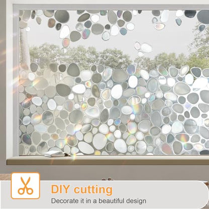 Window Privacy Film, Stained Glass Films, 3D Pebble Rainbow Windows Cling Decorative Window Decals, Sun Blocking Stickers Static Cling Door Windows Covering (17.5" x 78.7")