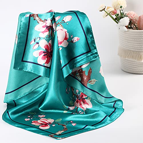 AWAYTR 35” Large Satin Square Head Scarf - 2Pcs Silk Like Floral Head Scarves Square Satin Hair Scarf Bandanas for Women - color: Flower(ha Cyan/Navy)