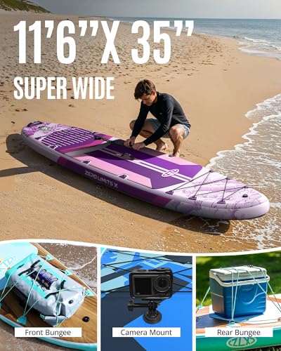 ZLX 11'6"x35" Ultra Wide Inflatable Stand Up Paddle Board | Stable Non-Slip Deck Pad, Unique Fin System, Premium SUP Accessories & Backpack - Upgraded Pump for Adults, All Skill Levels - color: Light Purple