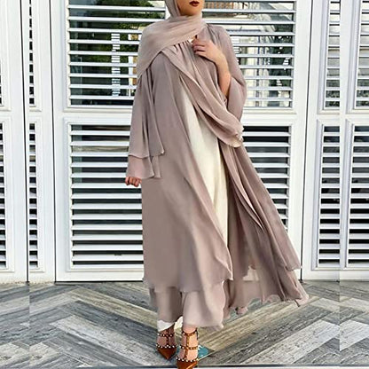 Abayas for Women Muslim Dubai Dress Solid Loose Fit Long Cardigan Islamic Kaftan Robe Open Front Maxi Length - color: Khaki Set, size: Medium