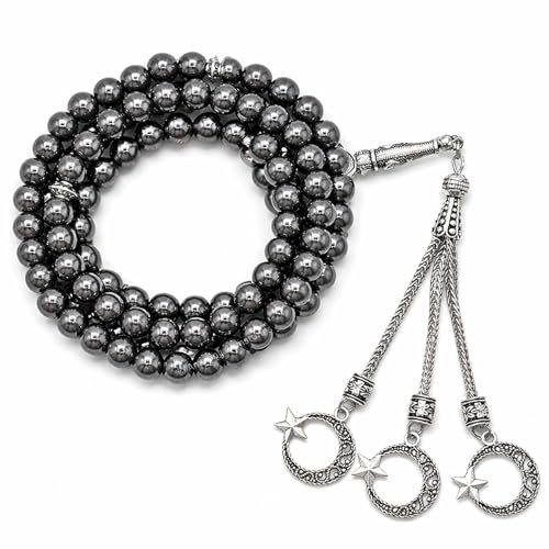 Amazing Gemstone Hematite Tasbeeh with Moon and Star Charm - Certified Crystal Muslim Prayer Beads Natural Gemstone Tasbih Gift for Ramadan Dhikr and Daily Namaz (S) - color: Hematite