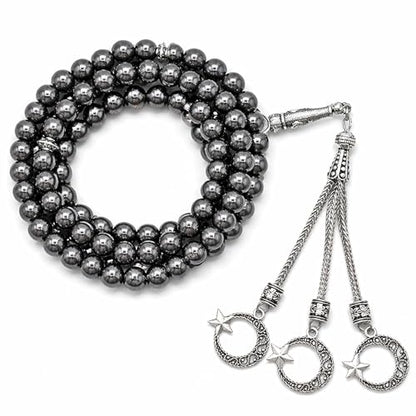 Amazing Gemstone Hematite Tasbeeh with Moon and Star Charm - Certified Crystal Muslim Prayer Beads Natural Gemstone Tasbih Gift for Ramadan Dhikr and Daily Namaz (S) - color: Hematite
