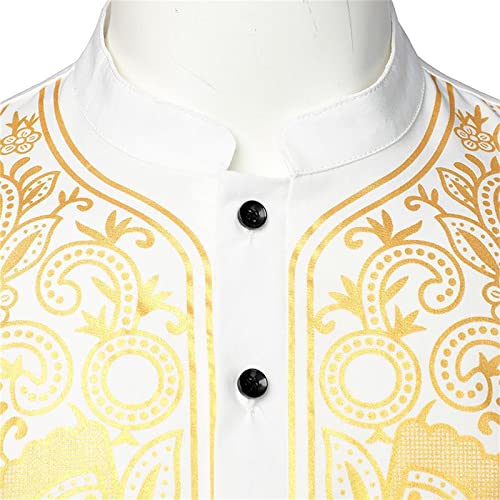 Kurta for Men Muslim Kaftan Button Up Henley Shirts Casual Ethnic Printed Long Sleeve Thobe Caftans Robes - color: White, size: Large