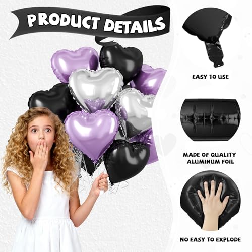 Purple Black Heart Balloons, 10PCS Silver Foil for Goth Princess Birthday - color: Black Purple